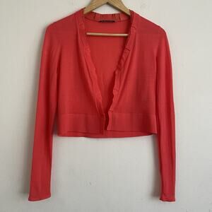 Elie Tahari Coral Red Cropped Cardigan - Size Small, Ruffle Trim Size Small